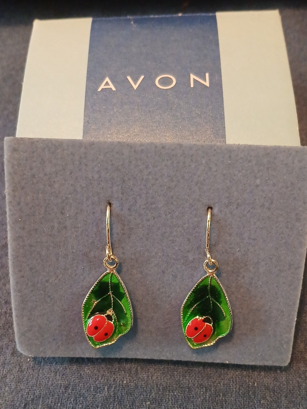 Avon Green Enamel Leaf Earrings with Red Ladybug Charms